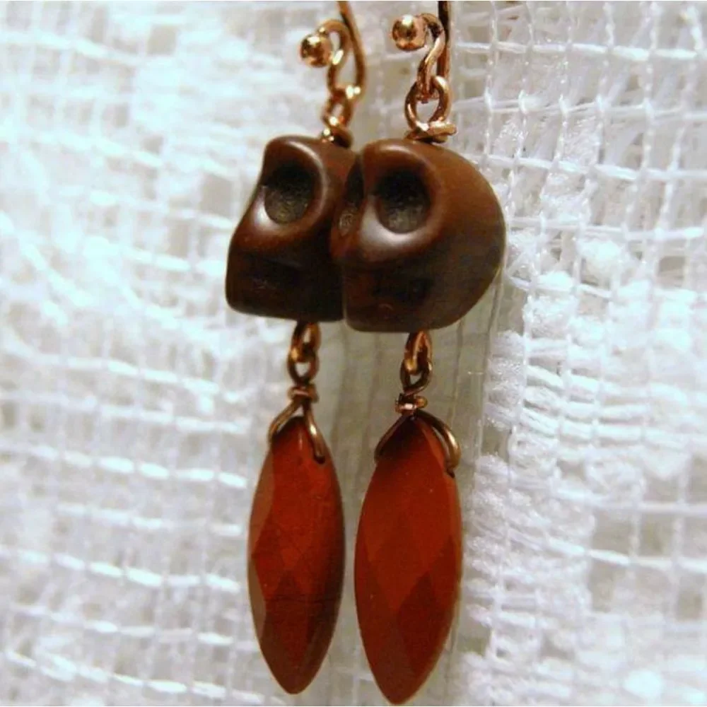 Handmade Brown Howlite Skulls & Faceted Jasper Gemstone Dangle Earrings